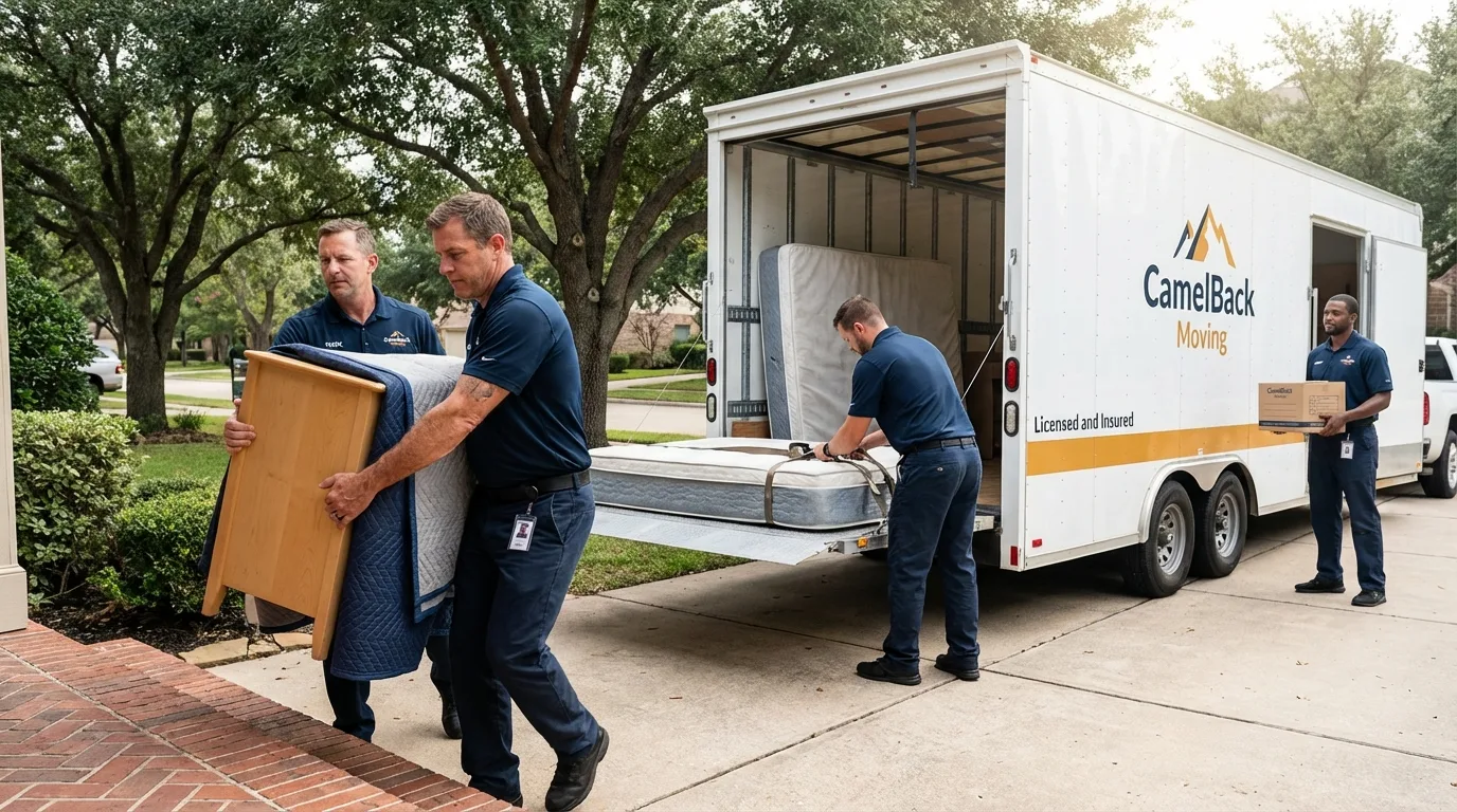 Crew loading residential truck for cross-state move from Thermal, CA