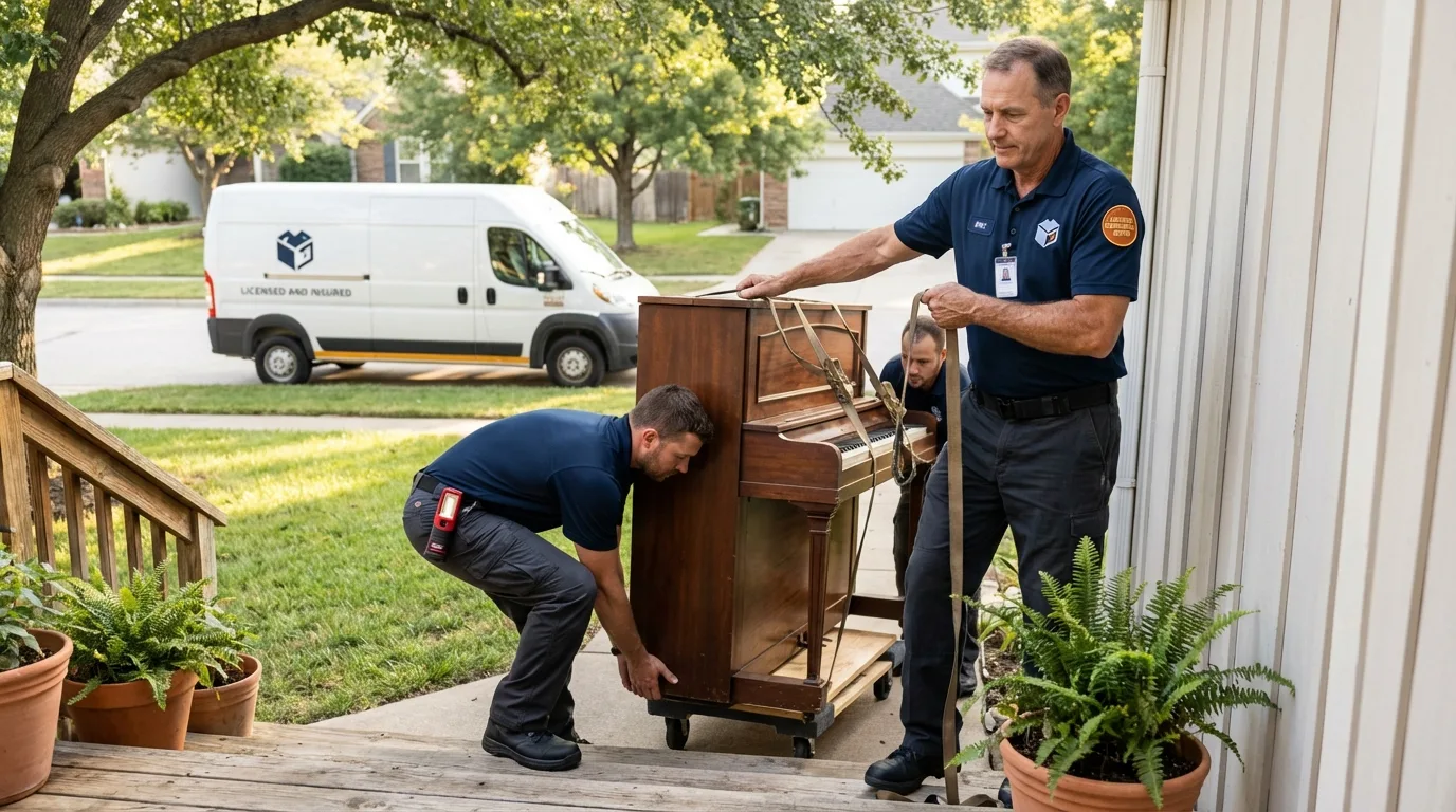 Licensed piano movers securing grand piano in Thermal, CA