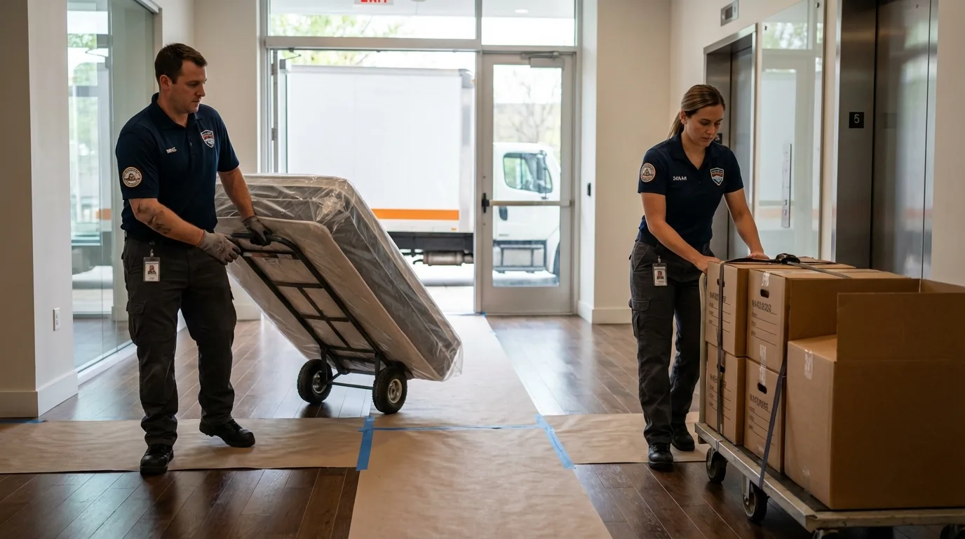 Professional apartment movers loading elevator in Thermal, CA