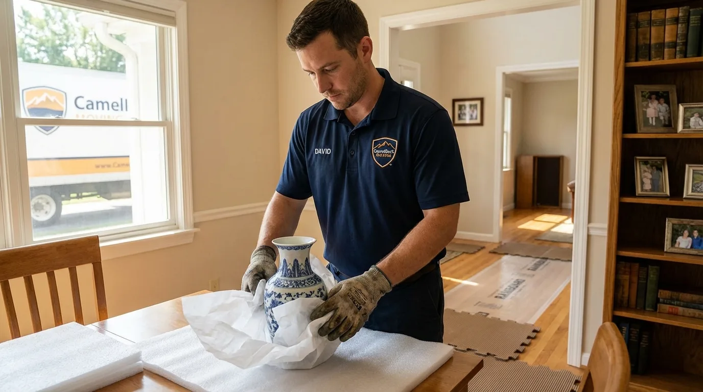 Professional crew carefully wrapping antique vase for senior downsizing move in Thermal, CA