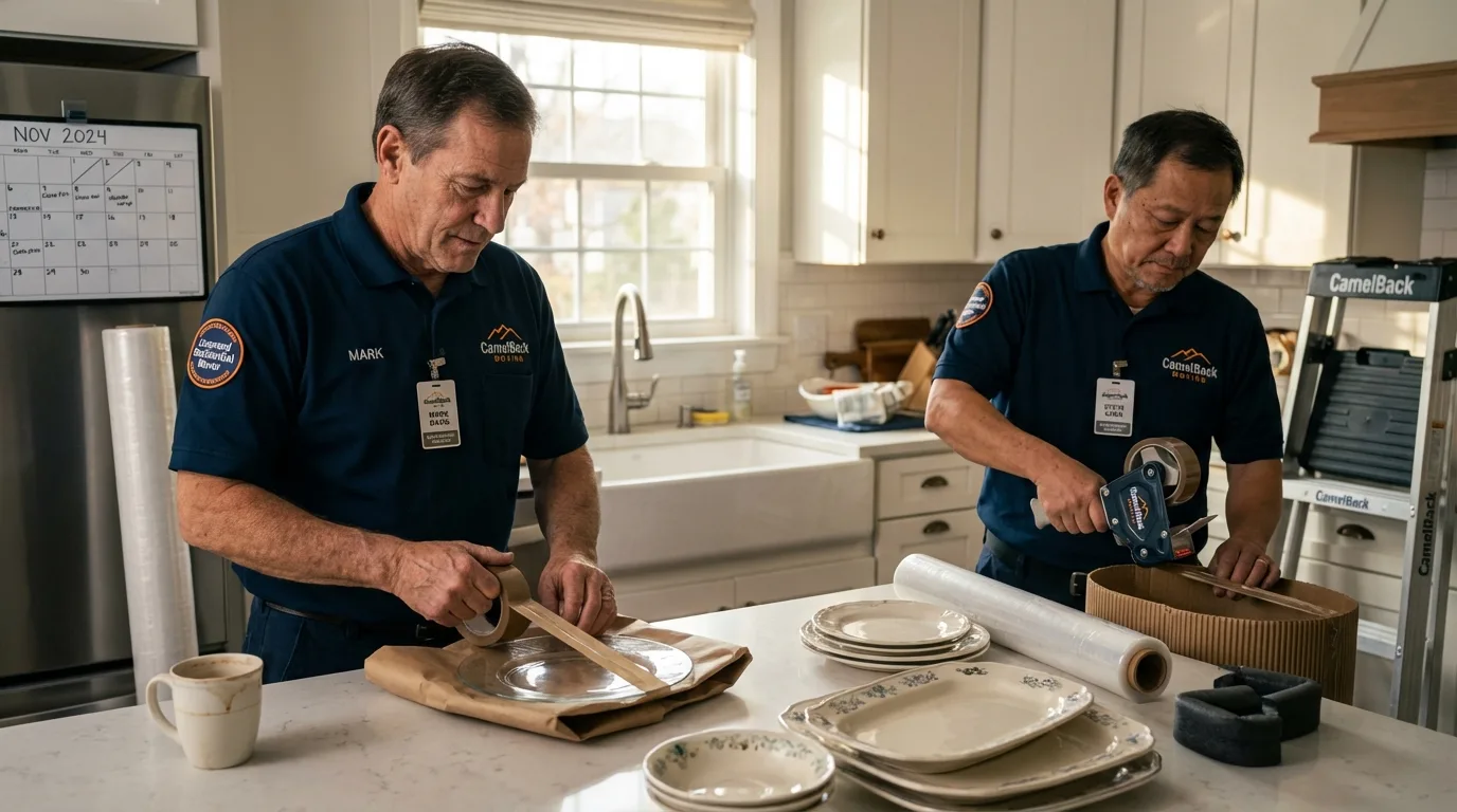 Professional crew packing kitchen dishware in Thermal, CA